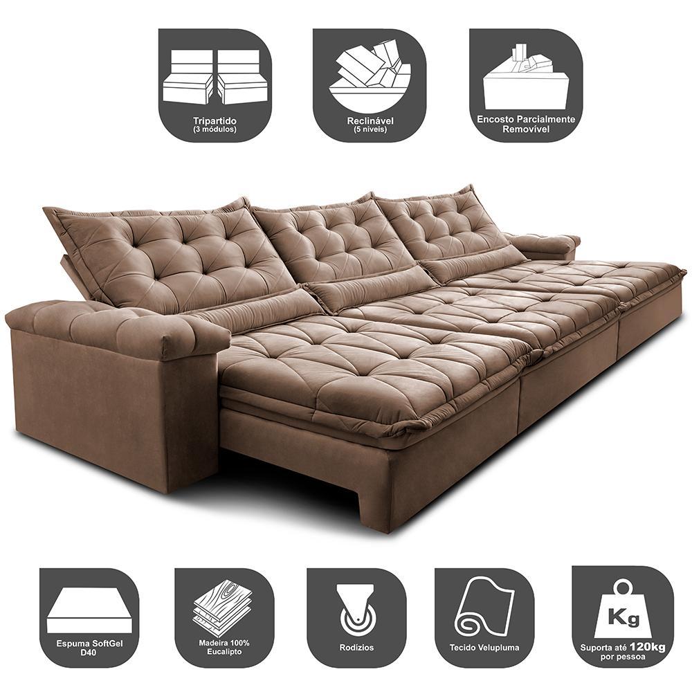Sofá Retrátil e Reclinável 4,15m Cama inBox Big Fresh com SoftGel D40 Velupluma Castor - 3