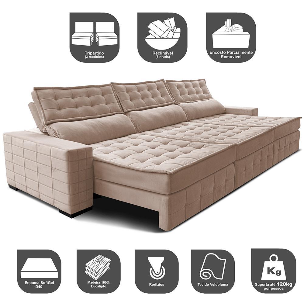 Sofá Retrátil e Reclinável 3,85m Cama inBox Big Puffer com SoftGel D40 Velupluma Bege - 3