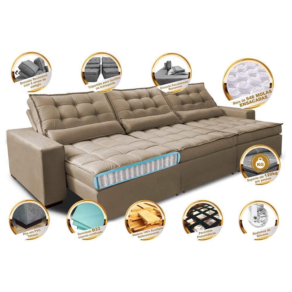 Sofá Retrátil e Reclinável 4,12m com Molas Ensacadas Cama Inbox Gold Tecido Suede Velusoft Castor - 3
