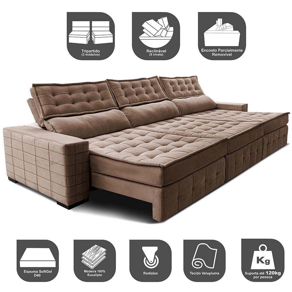 Sofá Retrátil e Reclinável 3,85m Cama inBox Big Puffer com SoftGel D40 Velupluma Castor - 3