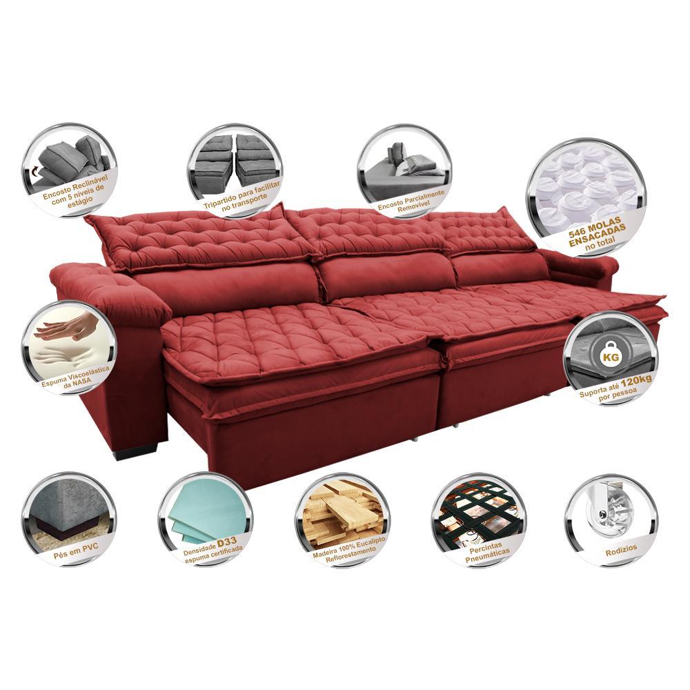 Sofá Retrátil e Reclinável 4,12m Molas Ensacadas Cama inBox Botonê Espuma Viscoelástico Vermelho - 3