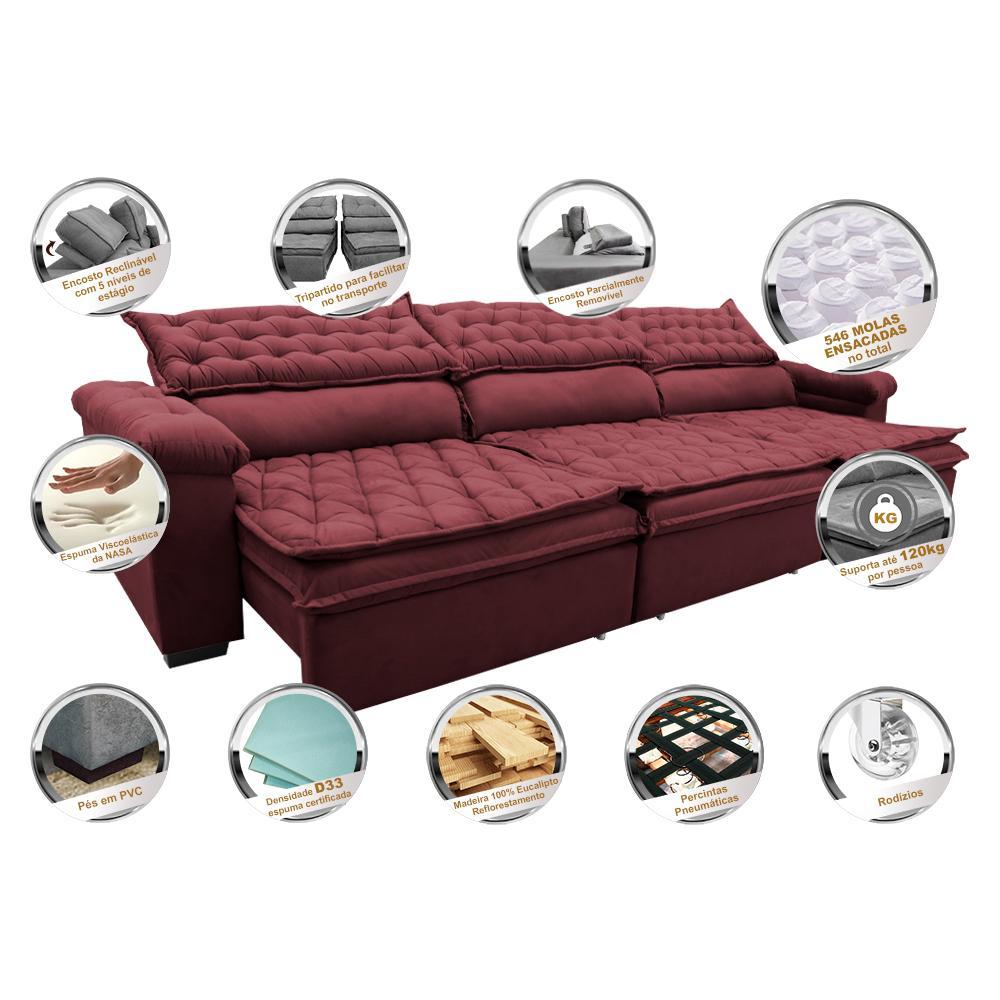 Sofá Retrátil e Reclinável 4,12m Molas Ensacadas Cama inBox Botonê Espuma Viscoelástico Vinho - 3