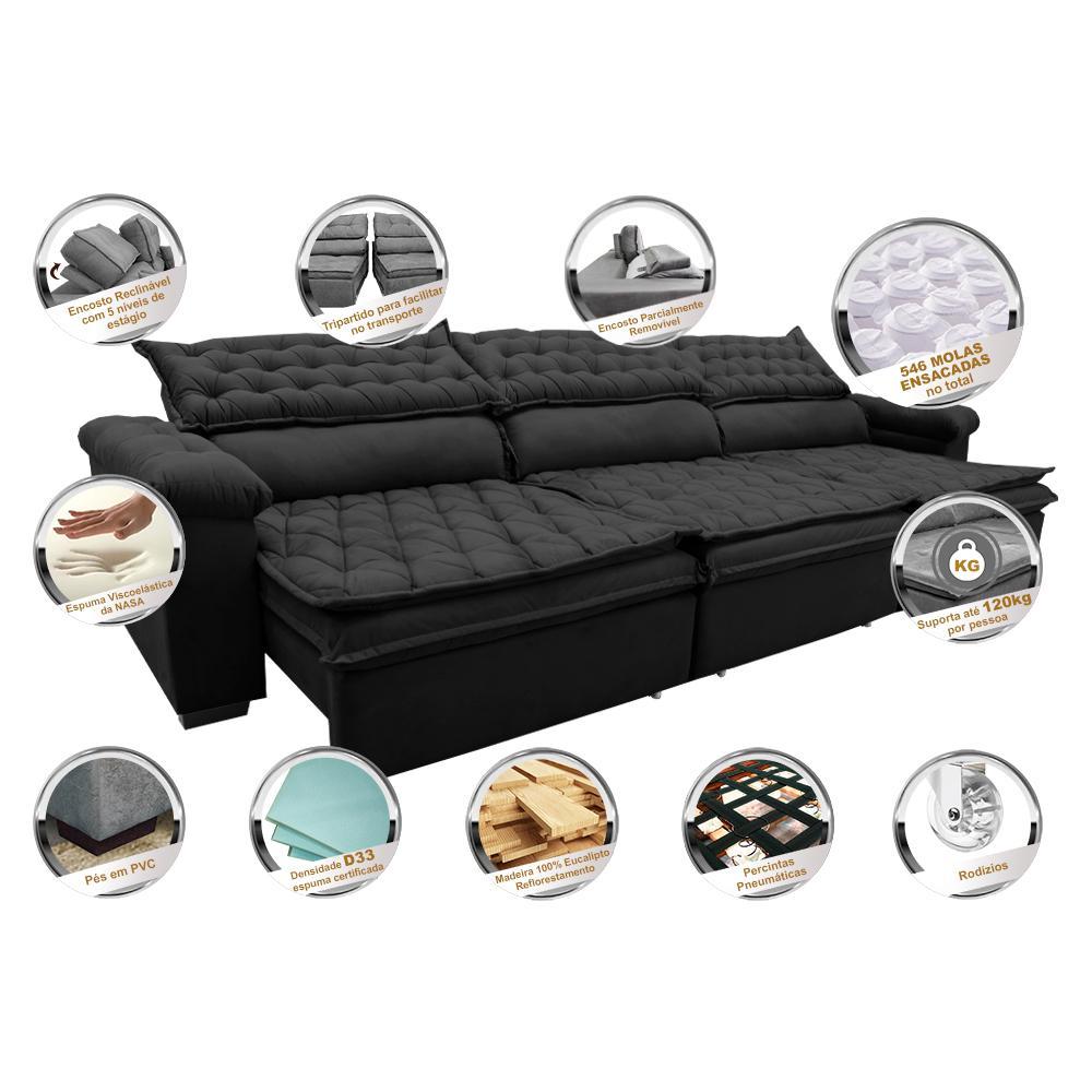 Sofá Retrátil e Reclinável 4,12m Molas Ensacadas Cama inBox Botonê Espuma Viscoelástico Preto - 3