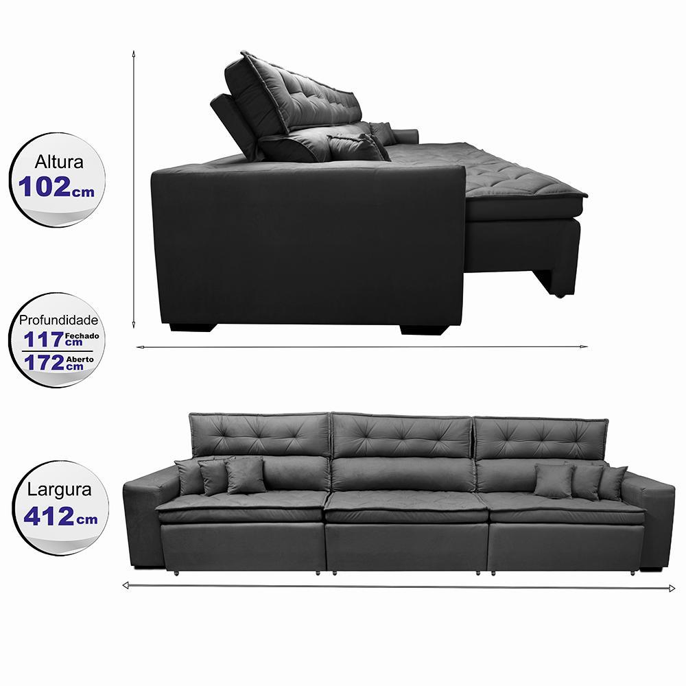 Sofá Retrátil e Reclinável 4,12m Austin com Molas no Assento Tecido Suede Velusoft Preto - 2