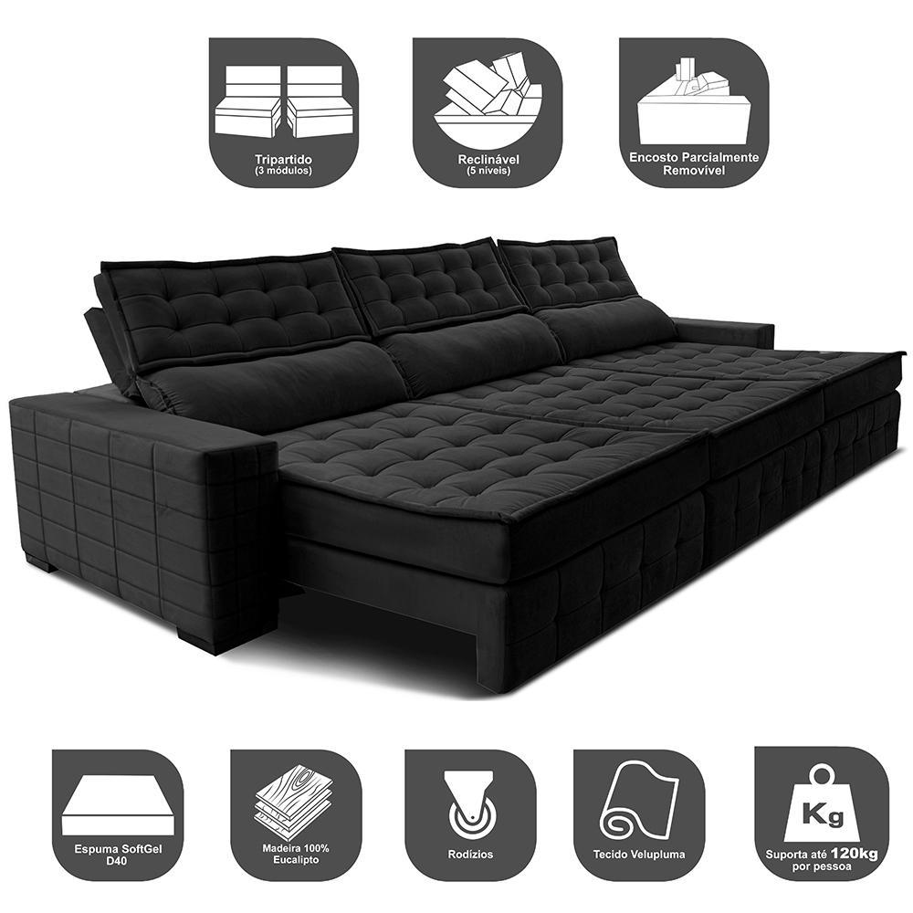 Sofá Retrátil e Reclinável 3,85m Cama inBox Big Puffer com SoftGel D40 Velupluma Preto - 3