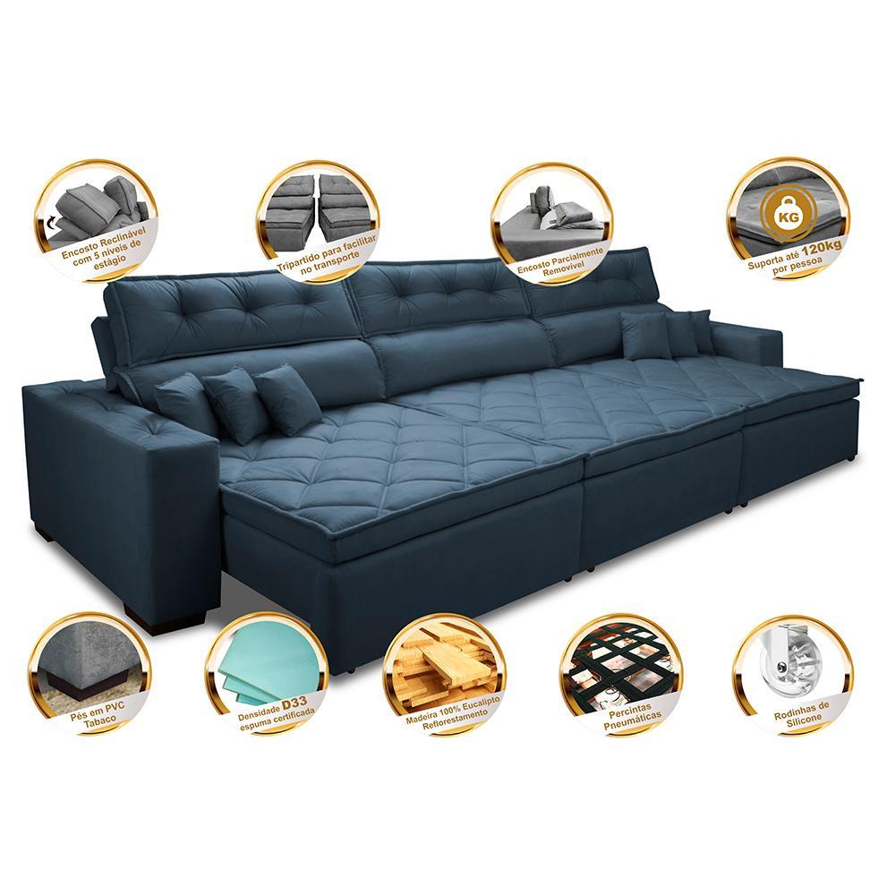 Sofá Retrátil e Reclinável 4,12m Austin com Molas no Assento Tecido Suede Velusoft Azul - 3