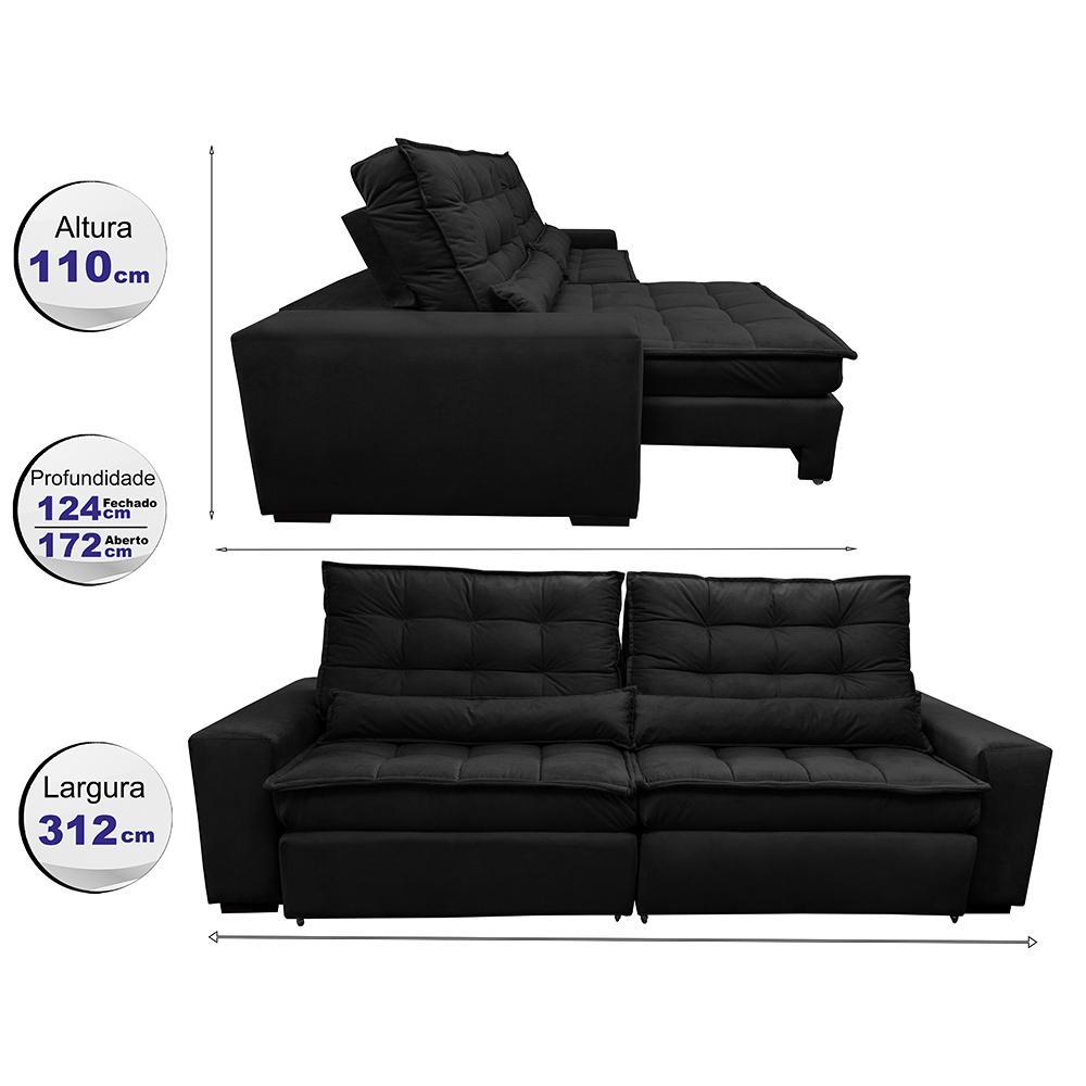 Sofá Retrátil e Reclinável com Molas Ensacadas Cama inBox Gold 3,12m Tecido Suede Velusoft Preto - 2
