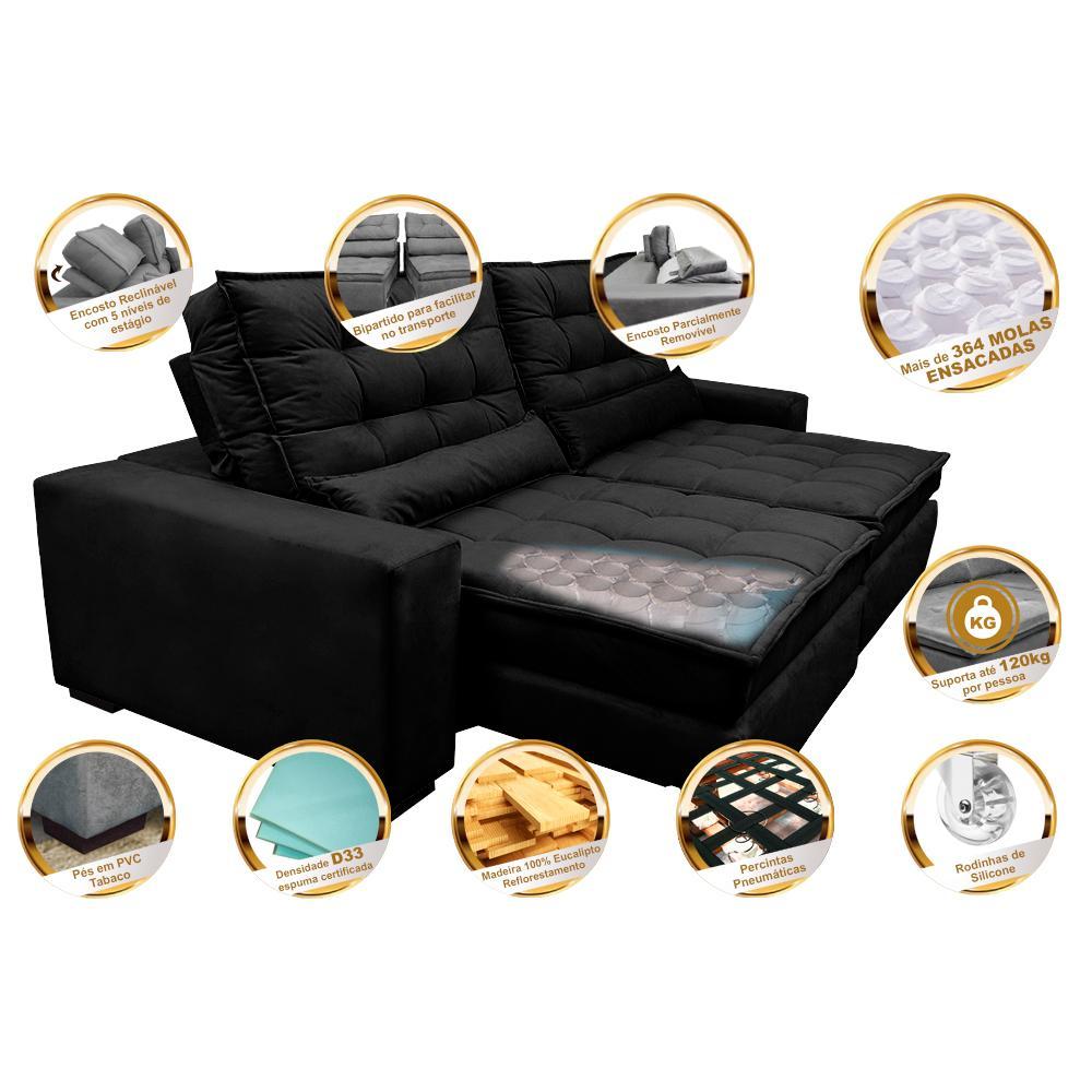 Sofá Retrátil e Reclinável com Molas Ensacadas Cama inBox Gold 3,12m Tecido Suede Velusoft Preto - 3