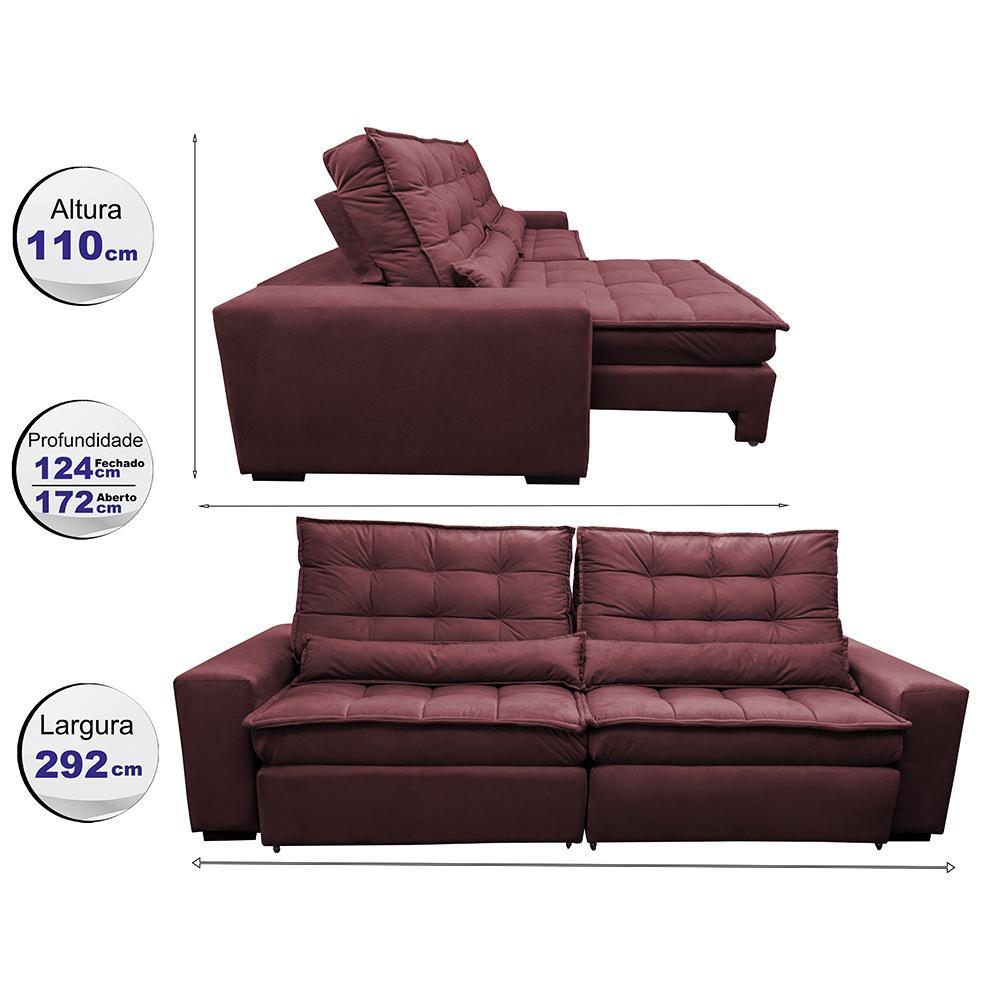 Sofá Retrátil e Reclinável com Molas Ensacadas Cama inBox Gold 2,92m Tecido Suede Velusoft Vinho - 2