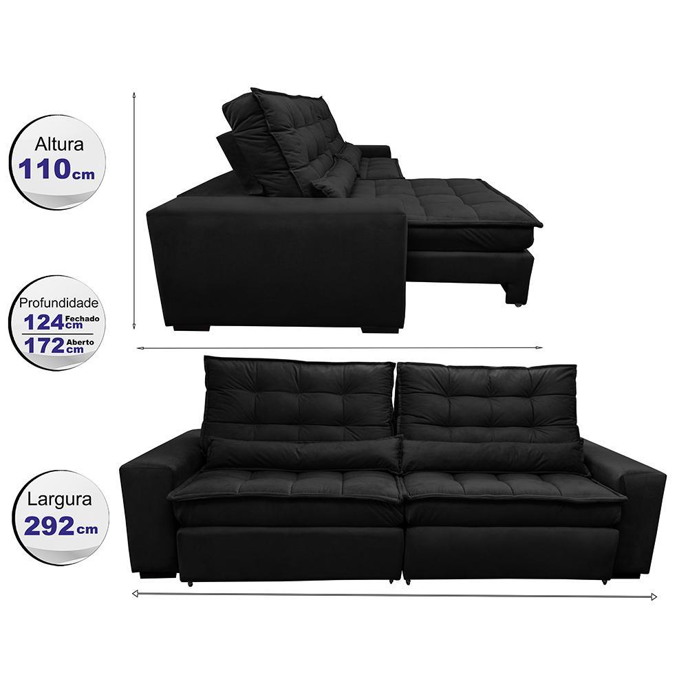 Sofá Retrátil e Reclinável com Molas Ensacadas Cama inBox Gold 2,92m Tecido Suede Velusoft Preto - 2