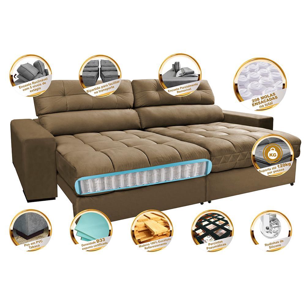Sofá Retrátil e Reclinável com Molas Ensacadas Cama inBox Master 2,32m Tecido Suede Castor - 3