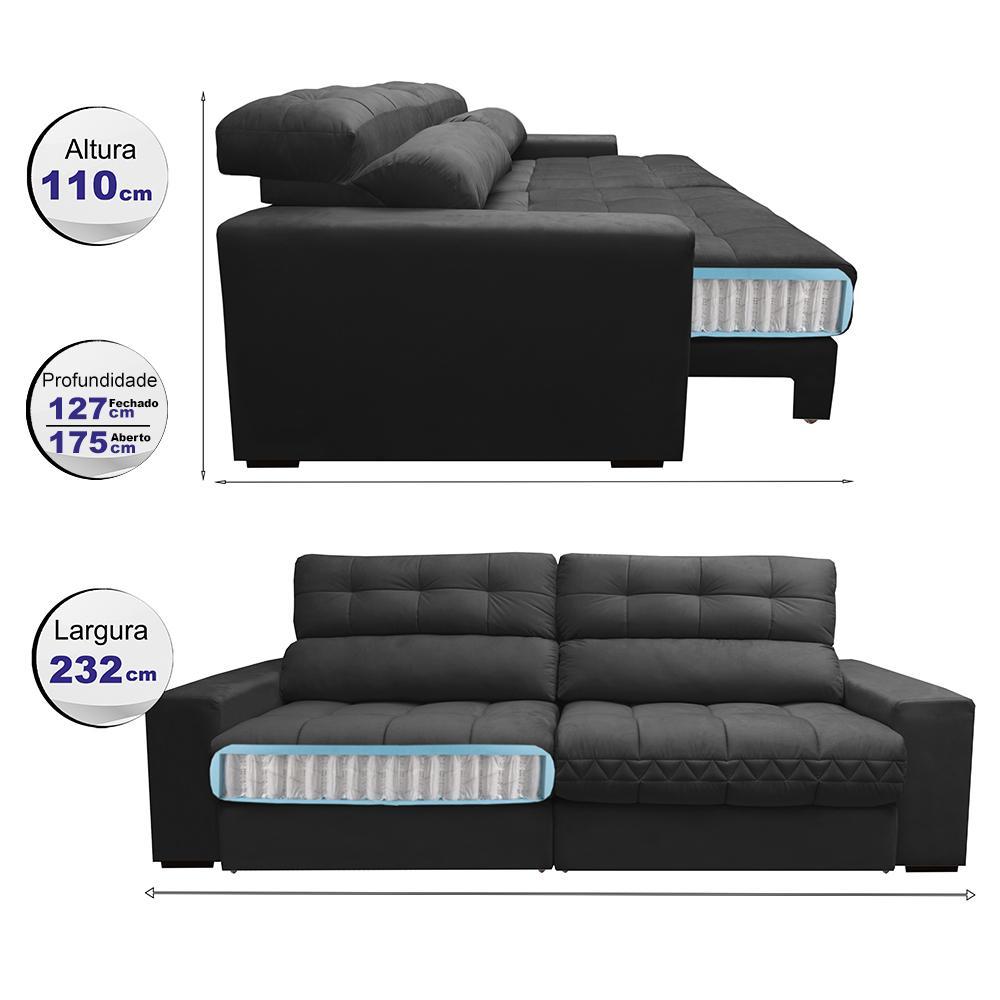 Sofá Retrátil e Reclinável com Molas Ensacadas Cama inBox Master 2,32m Tecido Suede Preto - 2