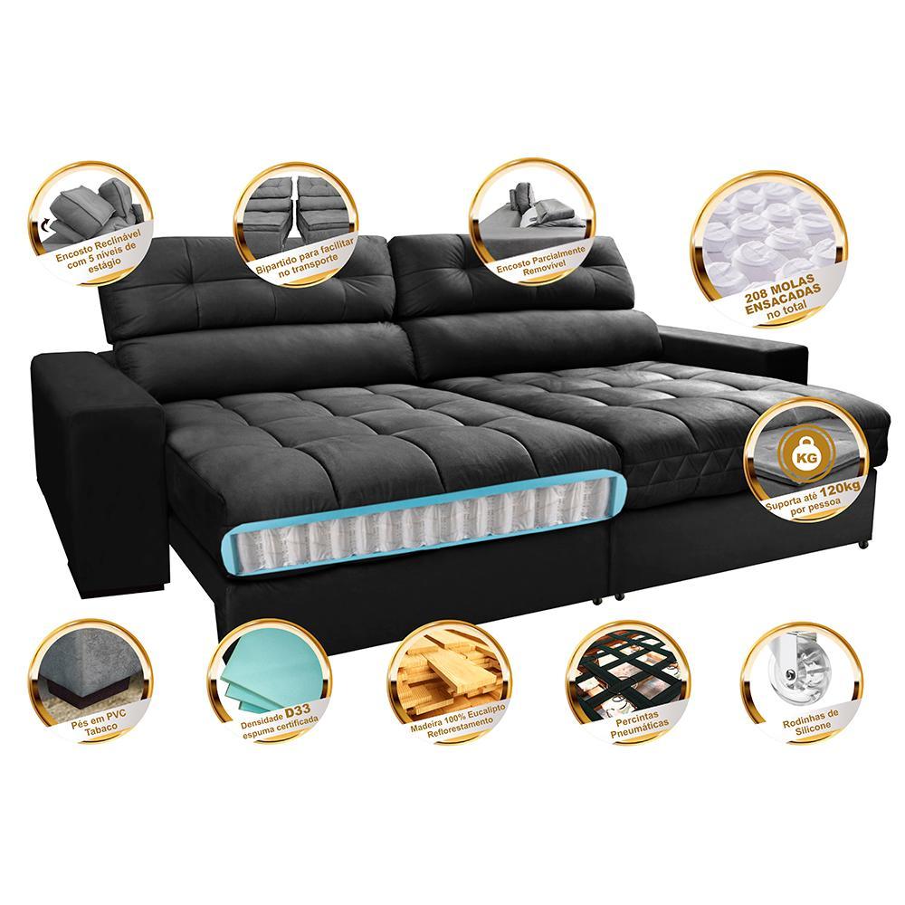 Sofá Retrátil e Reclinável com Molas Ensacadas Cama inBox Master 2,32m Tecido Suede Preto - 3