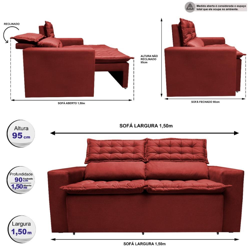 Sofá Retrátil e Reclinável Cama inBox Slim 1,50m Tecido Suede Velusoft Vermelho - 3
