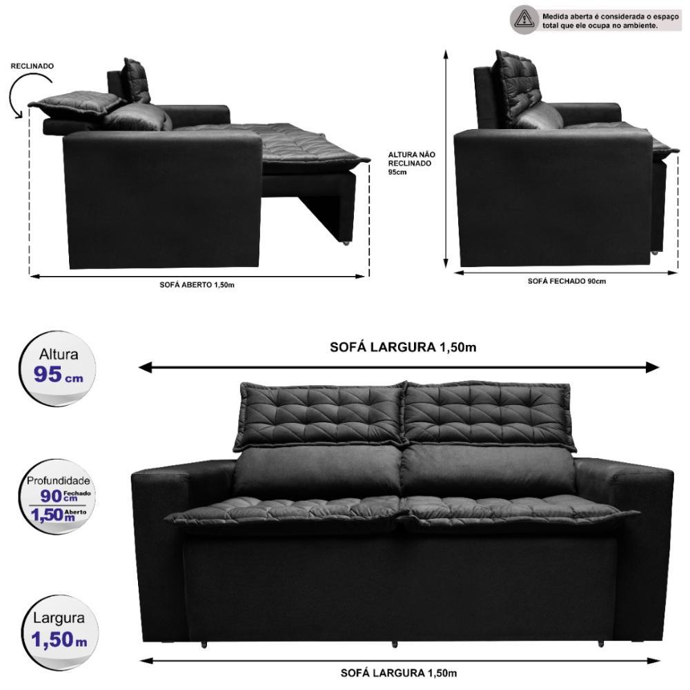 Sofá Retrátil e Reclinável Cama inBox Slim 1,50m Tecido Suede Velusoft Preto - 3
