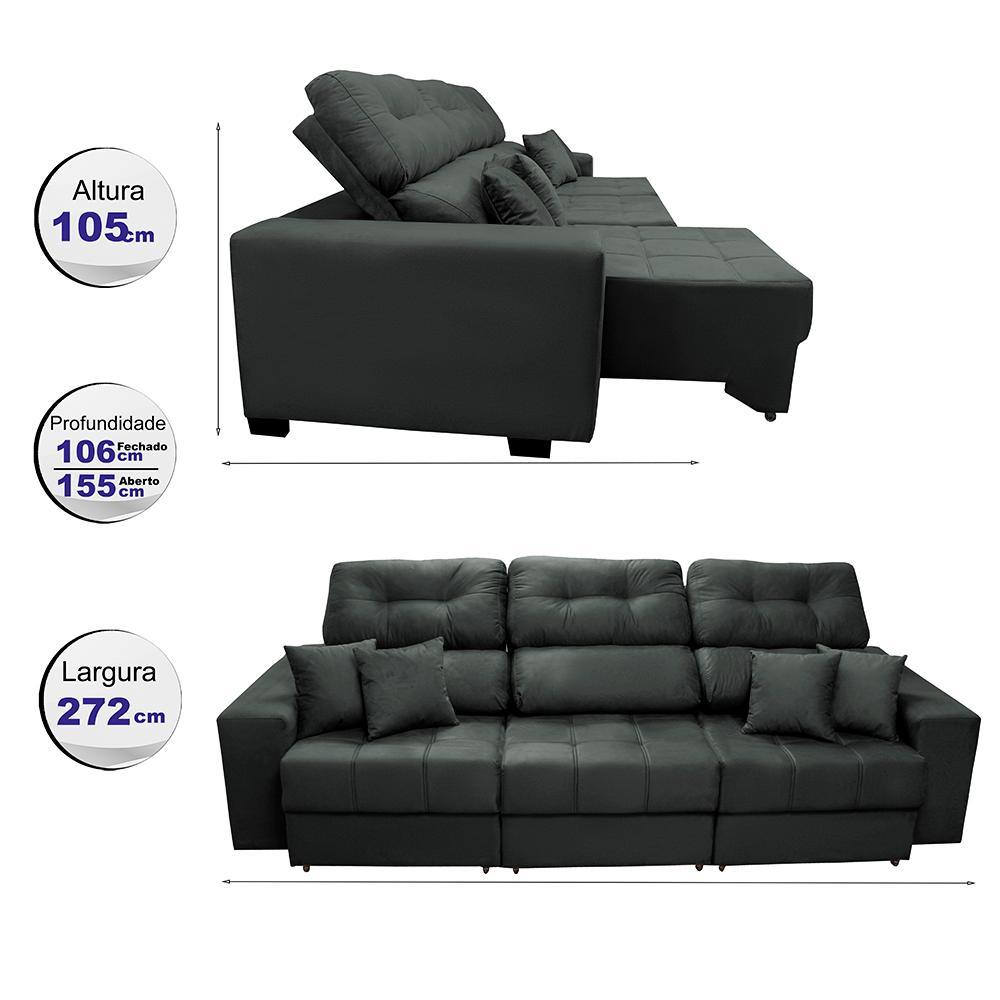 Sofá Retrátil e Reclinável Cama inBox Diamond 2,72m Tecido Suede Velusoft Cinza - 1
