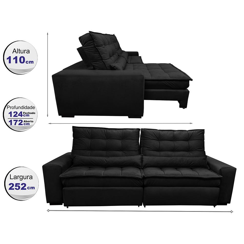 Sofá Retrátil e Reclinável com Molas Ensacadas Cama inBox Gold 2,52m Tecido Suede Velusoft Preto - 2