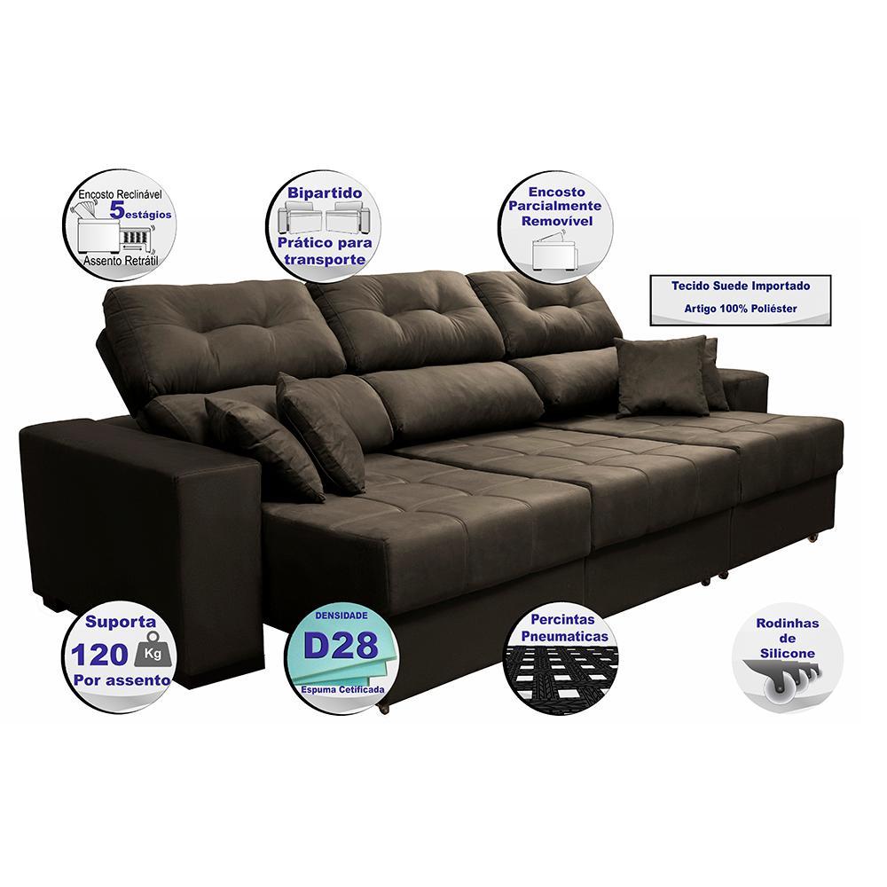 Sofá Retrátil e Reclinável Cama inBox Diamond 2,52m Tecido Suede Velusoft Café - 3