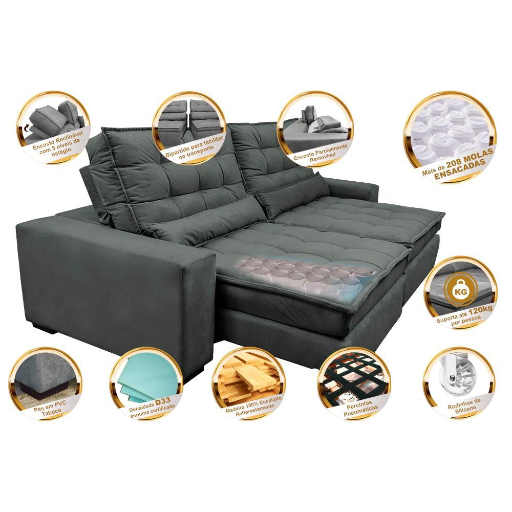 Sofá Retrátil e Reclinável com Molas Ensacadas Cama inBox Gold 2,32m Tecido Suede Velusoft Cinza - 3