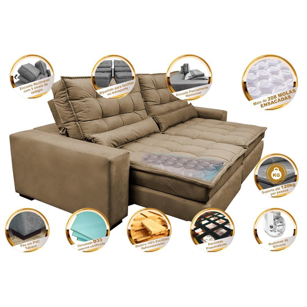 Sofá Retrátil e Reclinável com Molas Ensacadas Cama inBox Gold 2,32m Tecido Suede Velusoft Castor - 3