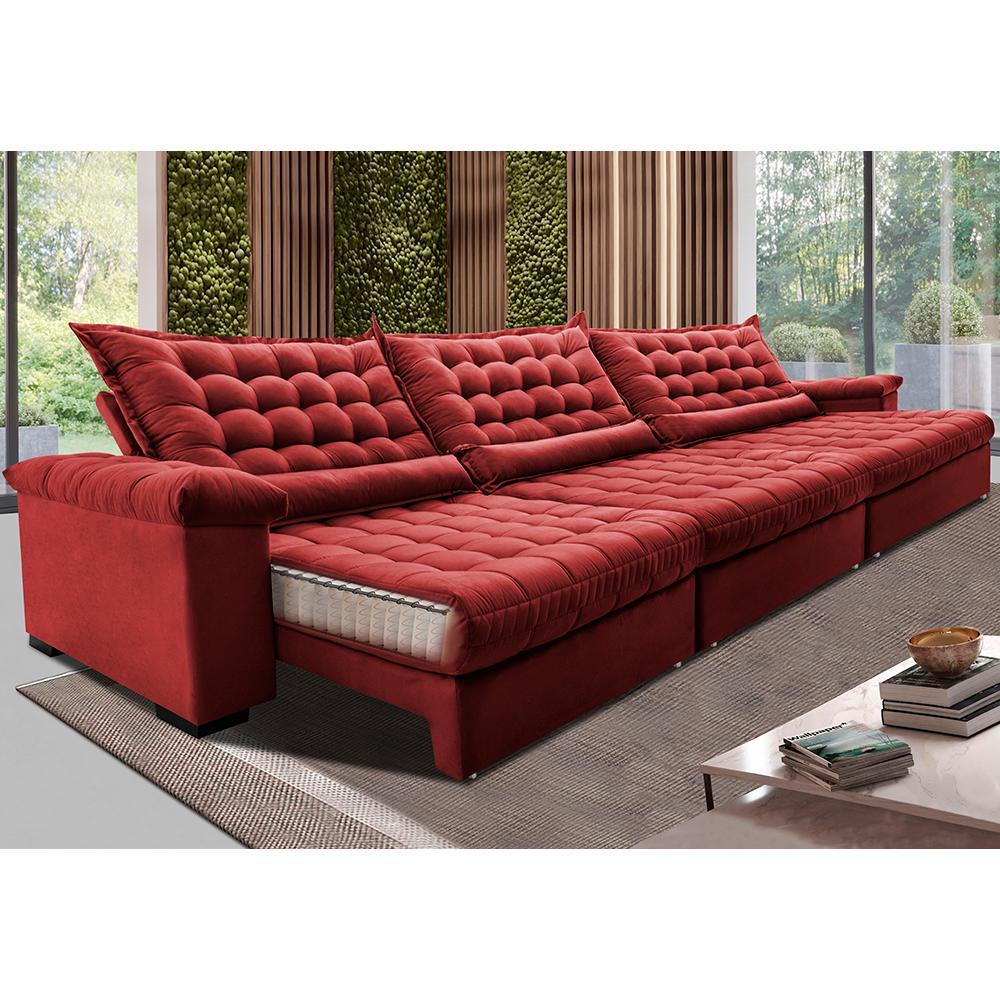 Sofá Retrátil e Reclinável 4,15m Molas Ensacadas Cama inBox Big Space com Bordado Velusoft Vermelho - 1