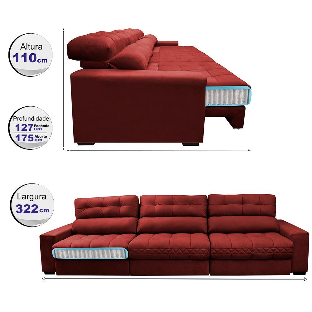 Sofá Retrátil e Reclinável com Molas Ensacadas Cama inBox Master 3,22m Tecido Suede Vermelho - 2