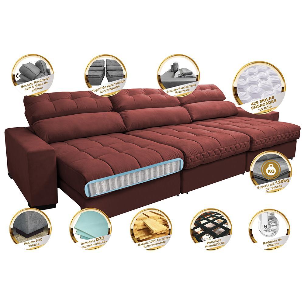 Sofá Retrátil e Reclinável com Molas Ensacadas Cama inBox Master 3,22m Tecido Suede Vermelho - 3