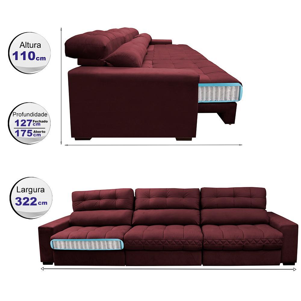 Sofá Retrátil e Reclinável com Molas Ensacadas Cama inBox Master 3,22m Tecido Suede Vinho - 2