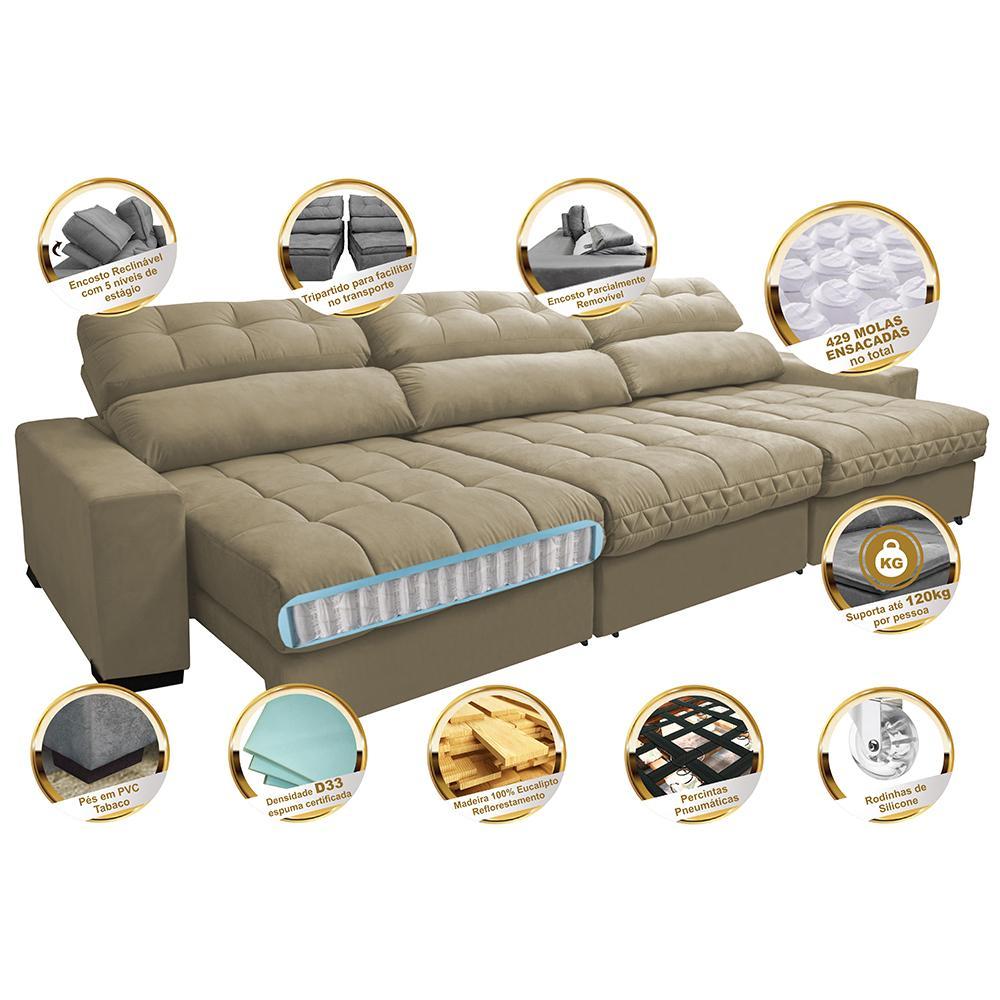 Sofá Retrátil e Reclinável com Molas Ensacadas Cama inBox Master 3,22m Tecido Suede Bege - 3