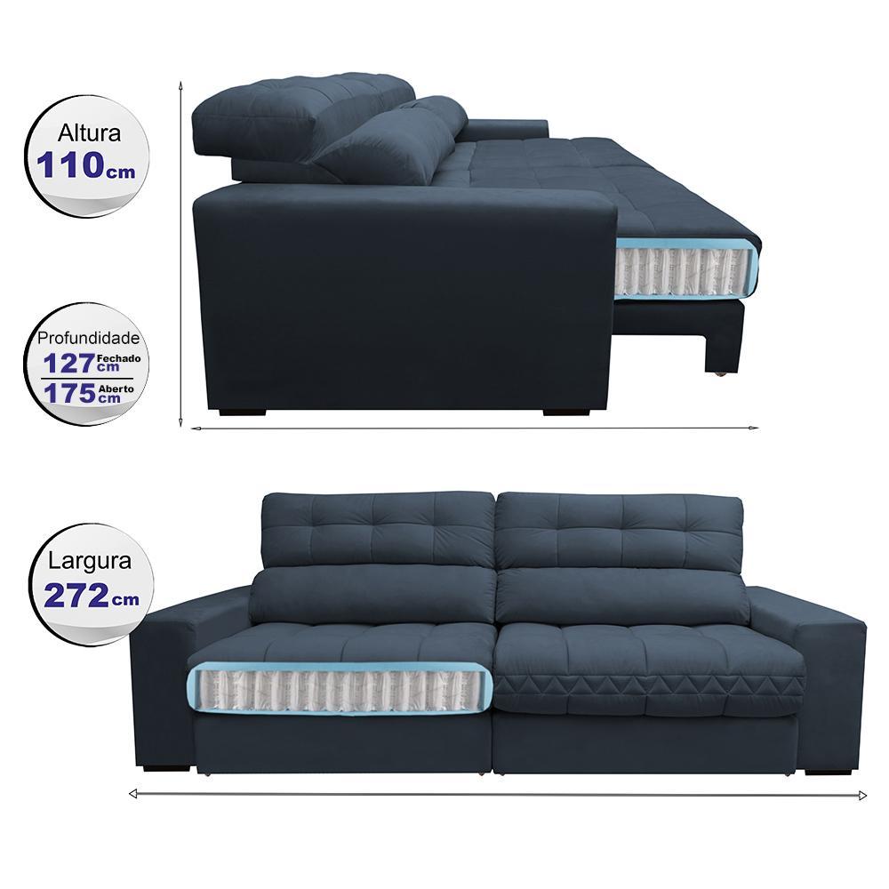Sofá Retrátil e Reclinável com Molas Ensacadas Cama inBox Master 2,72m Tecido Suede Azul - 2