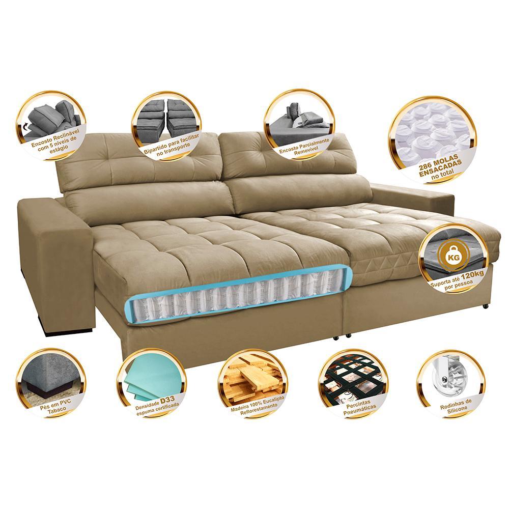 Sofá Retrátil e Reclinável com Molas Ensacadas Cama inBox Master 2,72m Tecido Suede Bege - 3