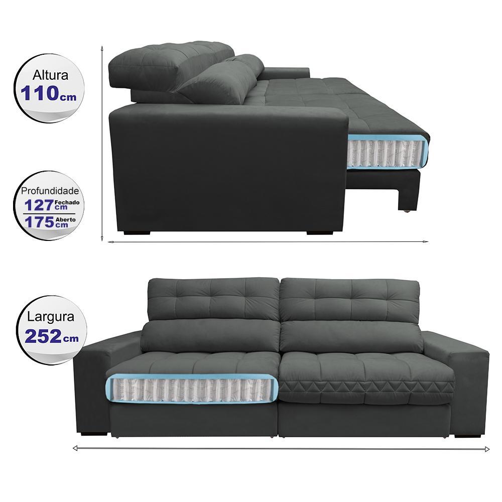 Sofá Retrátil e Reclinável com Molas Ensacadas Cama inBox Master 2,52m Tecido Suede Cinza - 2