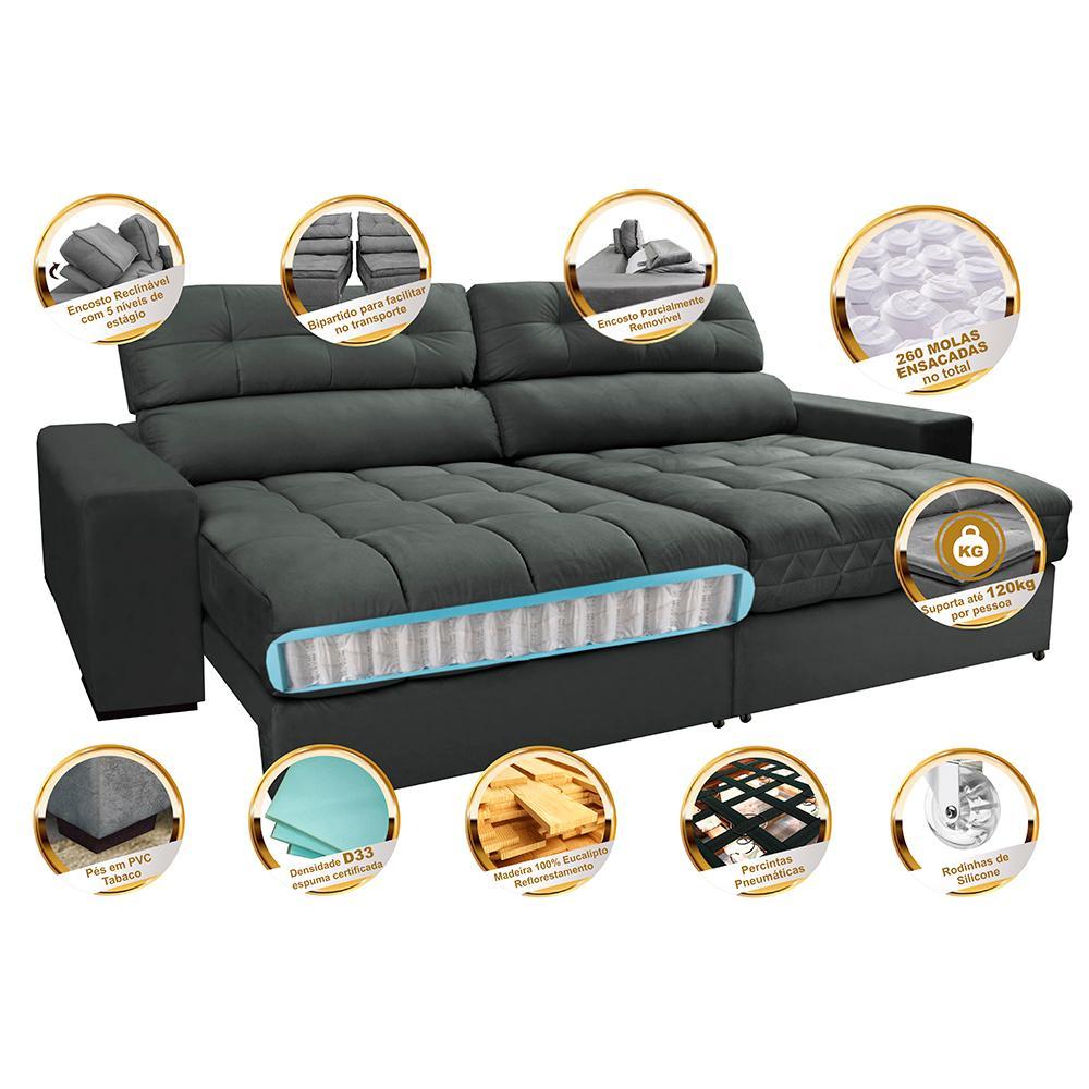 Sofá Retrátil e Reclinável com Molas Ensacadas Cama inBox Master 2,52m Tecido Suede Cinza - 3