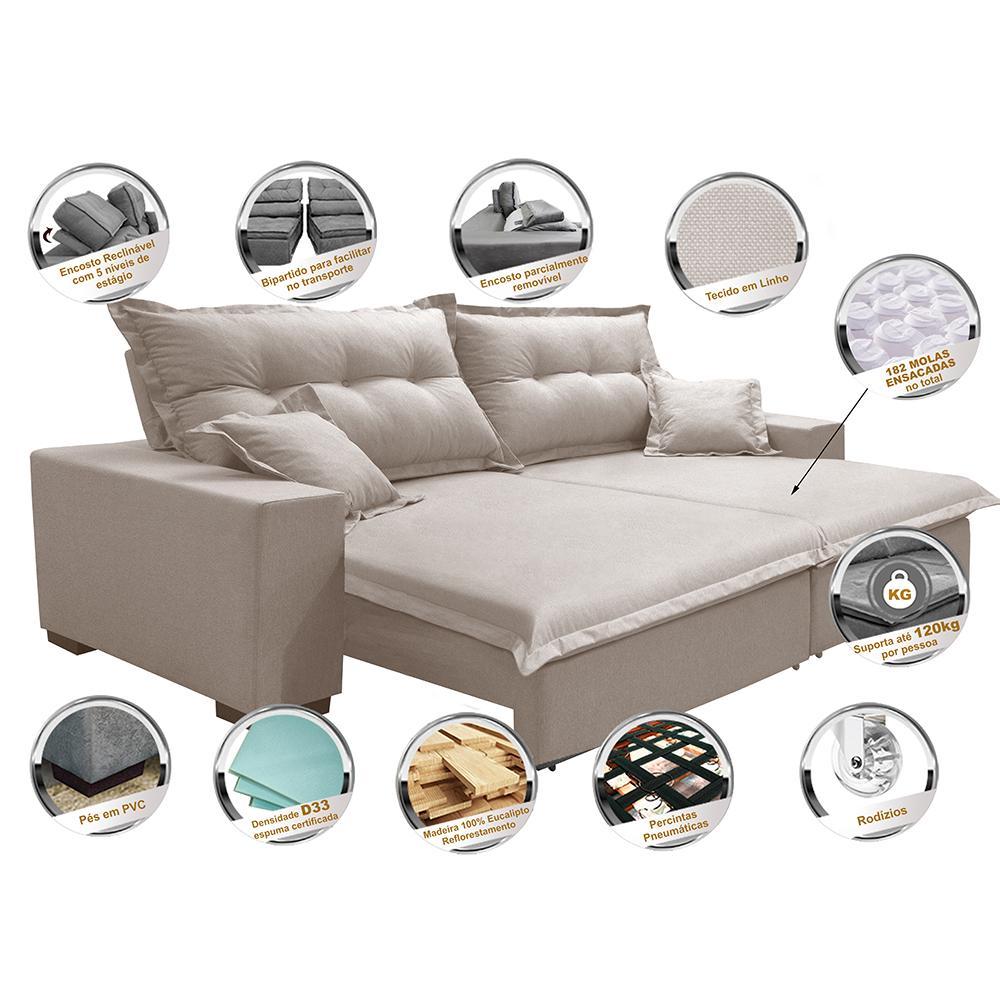 Sofá Retrátil e Reclinável com Molas Ensacadas Cama inBox Prime 2,12m Tecido Linho Bege Claro - 3