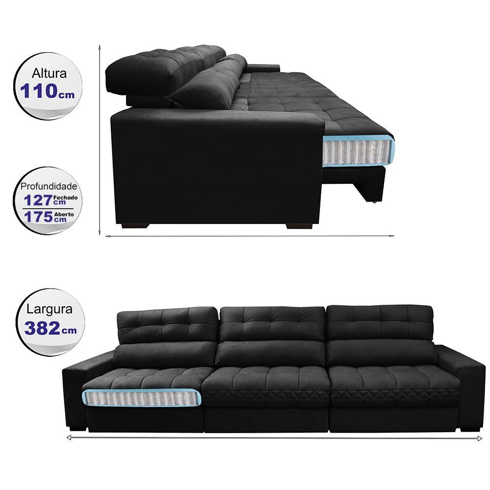 Sofá Retrátil e Reclinável com Molas Ensacadas Cama Inbox Master 3,82m Tecido Suede Preto - 2