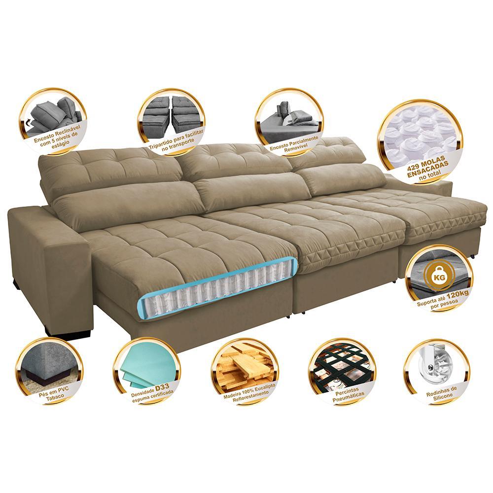 Sofá Retrátil e Reclinável com Molas Ensacadas Cama Inbox Master 3,82m Tecido Suede Bege - 3