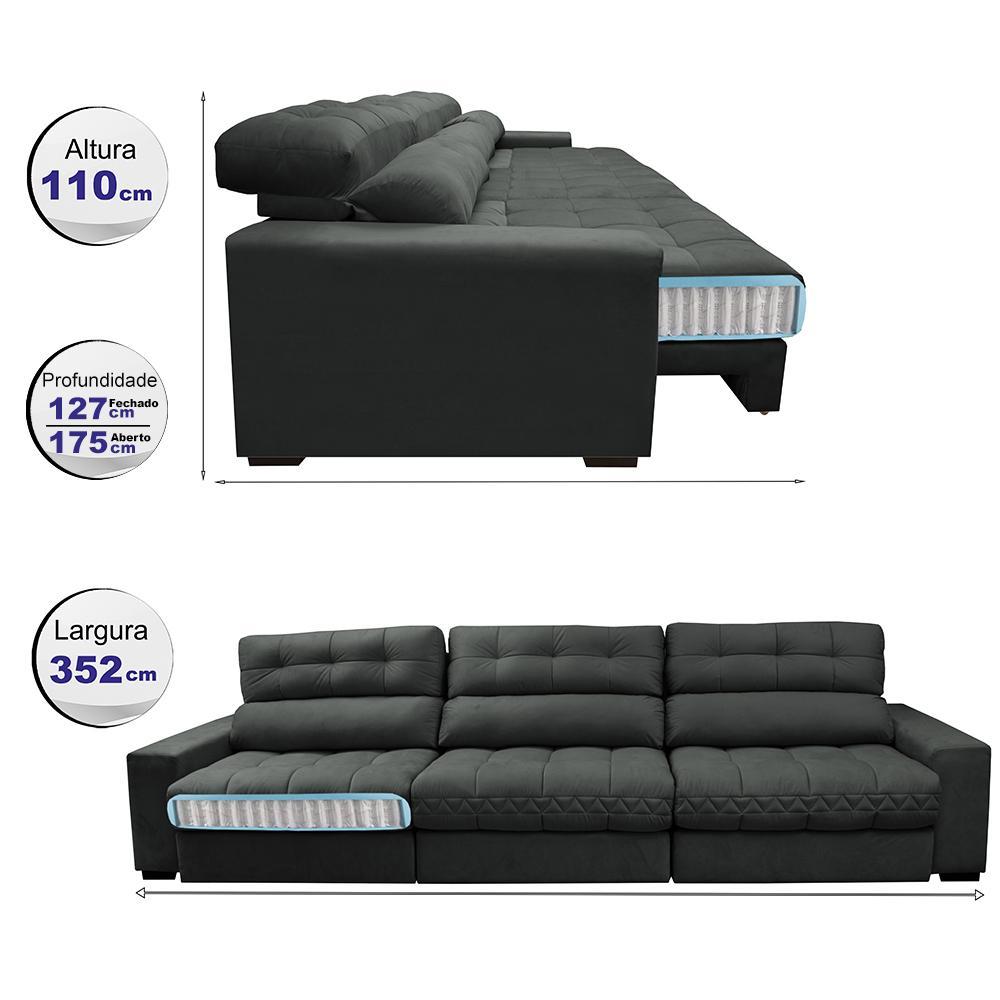 Sofá Retrátil e Reclinável com Molas Ensacadas Cama Inbox Master 3,52m Tecido Suede Cinza - 2
