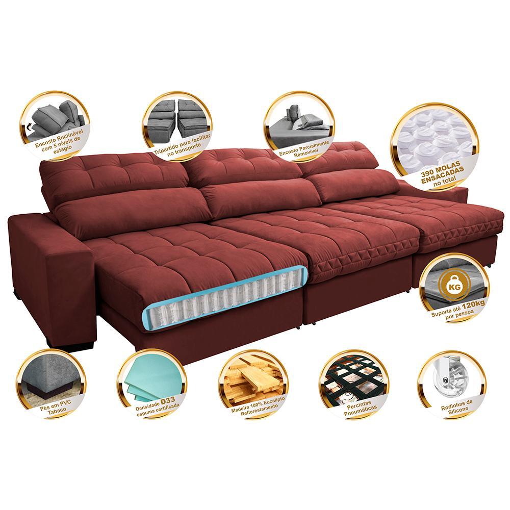 Sofá Retrátil e Reclinável com Molas Ensacadas Cama Inbox Master 3,52m Tecido Suede Vermelho - 3