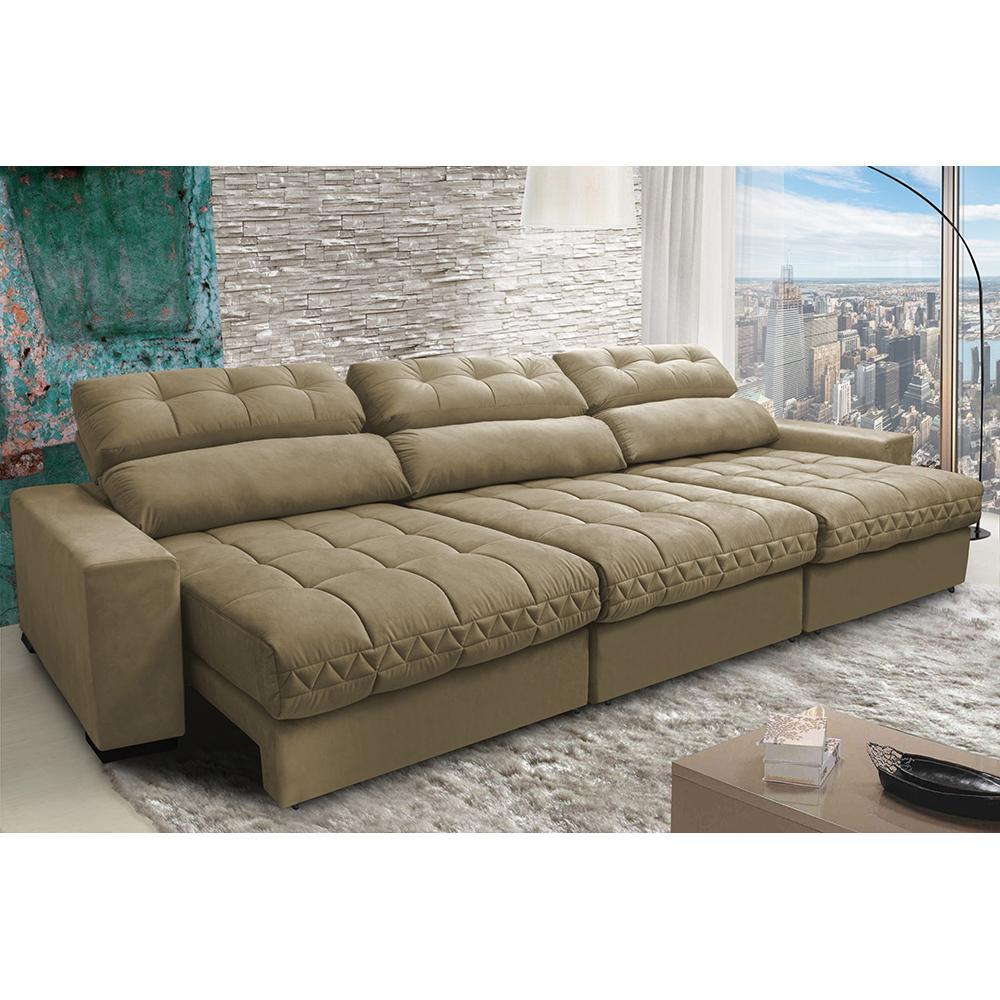 Sofá Retrátil e Reclinável com Molas Ensacadas Cama Inbox Master 3,52m Tecido Suede Bege - 1