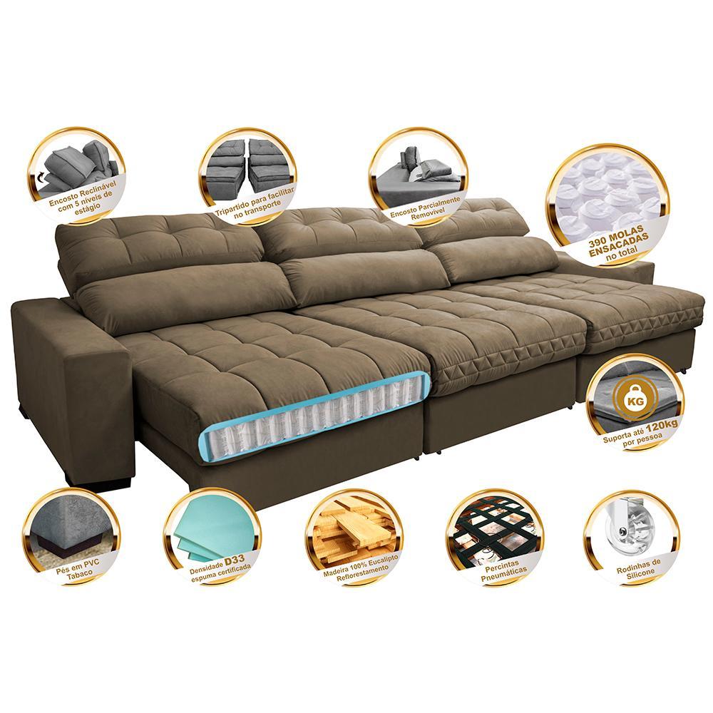 Sofá Retrátil e Reclinável com Molas Ensacadas Cama Inbox Master 3,52m Tecido Suede Castor - 3