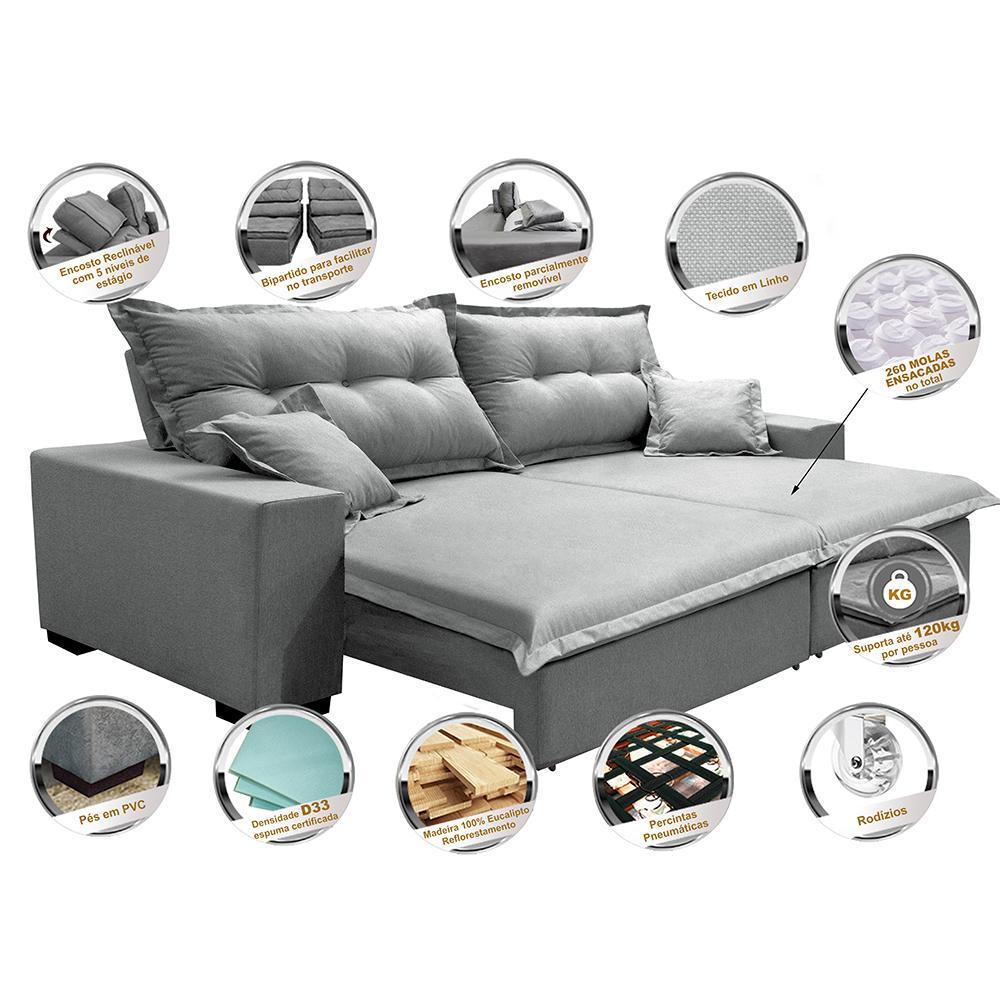 Sofá Retrátil e Reclinável com Molas Ensacadas Cama inBox Prime 2,52m Tecido Linho Cinza Claro - 3