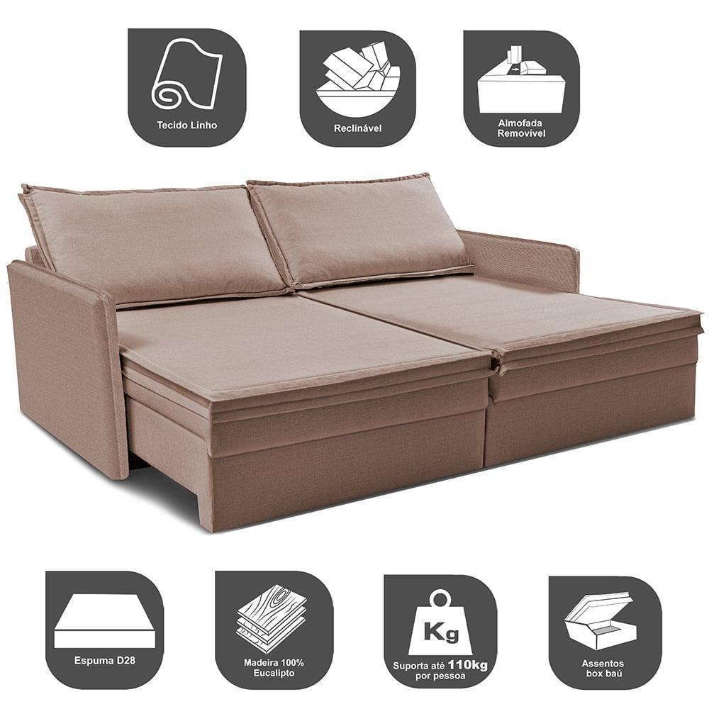 Sofá Sem Caixa Retrátil Baú 1,55m Lounge Linho Bege Escuro Cama inBox - 4