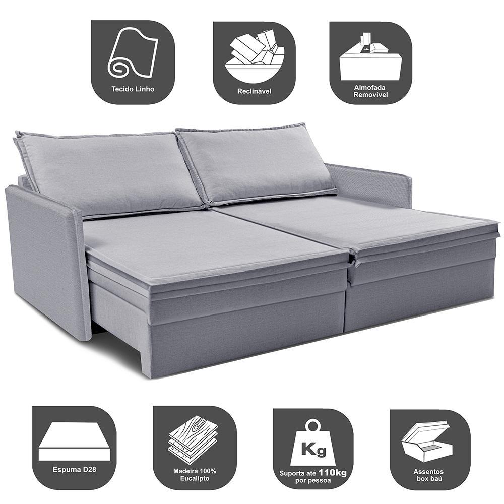 Sofá Sem Caixa Retrátil Baú 1,55m Lounge Linho Cinza Claro Cama inBox - 4