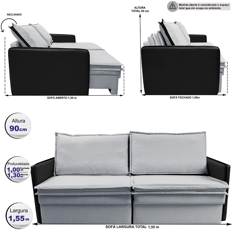Sofá Sem Caixa Retrátil Baú 1,55m Cama inBox Grace Tecido Linho e Courino Cinza Claro - 3