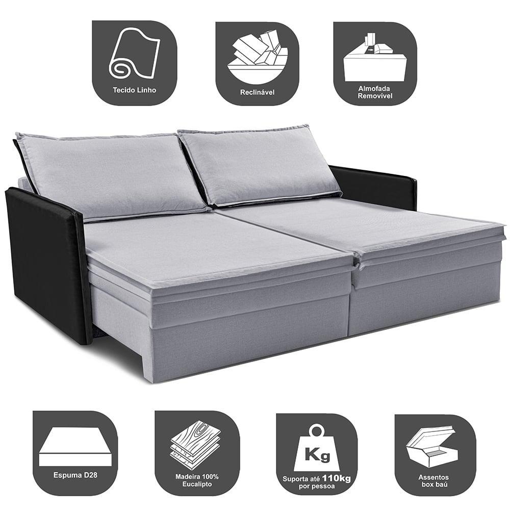 Sofá Sem Caixa Retrátil Baú 1,55m Cama inBox Grace Tecido Linho e Courino Cinza Claro - 4