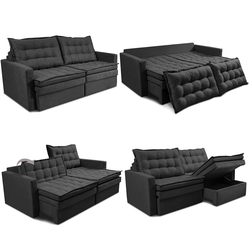 Sofá Sem Caixa Retrátil Baú 2,00m Cama inBox Secret Suede Velusoft Preto - 2