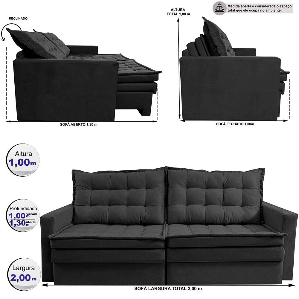 Sofá Sem Caixa Retrátil Baú 2,00m Cama inBox Secret Suede Velusoft Preto - 3