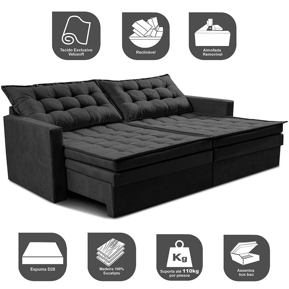 Sofá Sem Caixa Retrátil Baú 2,00m Cama inBox Secret Suede Velusoft Preto - 4
