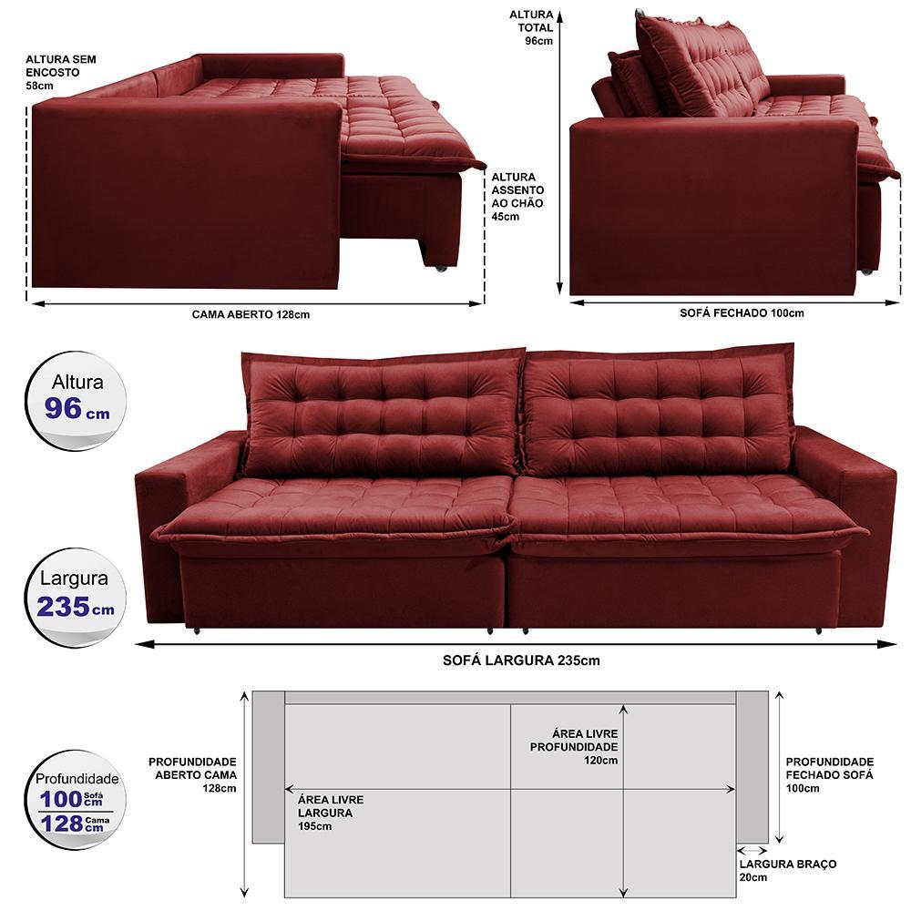 Sofá Retrátil Reclinável e Cama 2,35m Cama inBox Flex Suede Velusoft Vermelho - 2