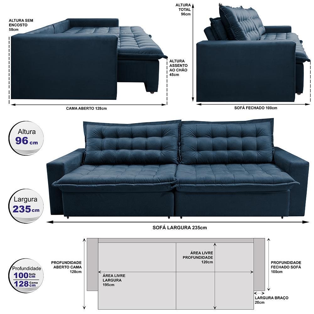 Sofá Retrátil Reclinável e Cama 2,35m Cama inBox Flex Suede Velusoft Azul - 2